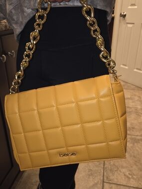 bebe Quilted Mustard Shoulder Bag with Gold Chain